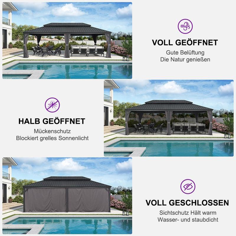 PURPLE LEAF Grau Alu Pavillon Wasserdicht Stabil Winterfest Wetterfest Gartenpavillon mit 4 Doppel Seitenteile Hardtop Pavillon mit Stahldach
