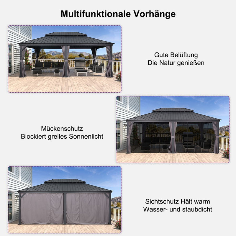 PURPLE LEAF Grau Alu Pavillon Wasserdicht Stabil Winterfest Wetterfest Gartenpavillon mit 4 Doppel Seitenteile Hardtop Pavillon mit Stahldach