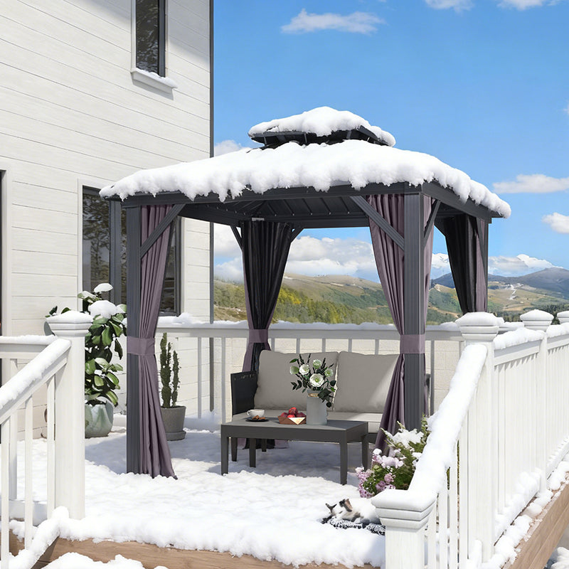 PURPLE LEAF Graues Hardtop-Pavillon mit strapazierfähigem verzinktem Stahl-Dach in Doppeldach-Ausführung mit Netz und Vorhängen