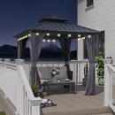 PURPLE LEAF Grauer Hardtop-Pavillon mit robustem Doppel-Dach aus verzinktem Stahl und Lichterkette - transparent