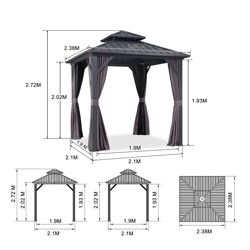 PURPLE LEAF Grauer Hardtop-Pavillon mit robustem Doppel-Dach aus verzinktem Stahl und Lichterkette - transparent