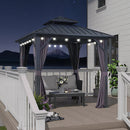 PURPLE LEAF Grauer Hardtop Pavillon mit robustem Doppeldach aus verzinktem Stahl und milchweißen Lichterketten