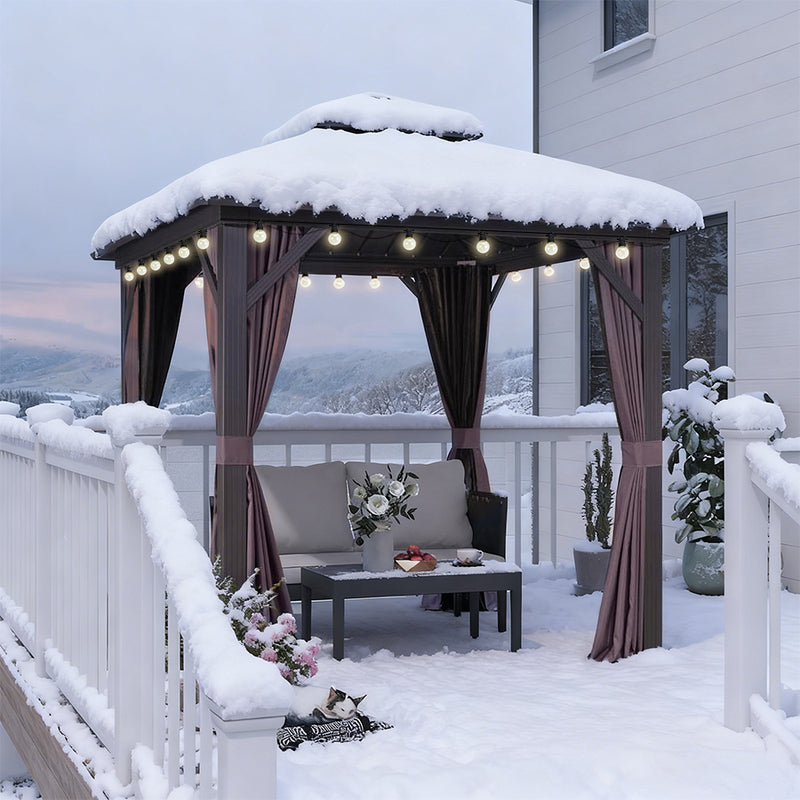 PURPLE LEAF Grauer Hardtop-Pavillon mit robustem Doppel-Dach aus verzinktem Stahl und Lichterkette - transparent