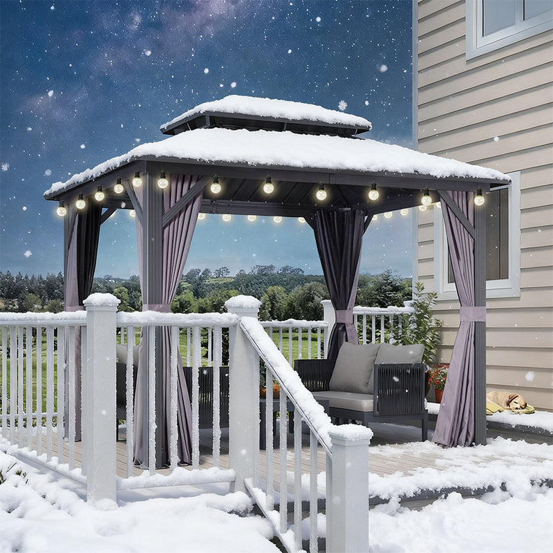 PURPLE LEAF Grauer Hardtop-Pavillon mit robustem Doppel-Dach aus verzinktem Stahl und Lichterkette - transparent