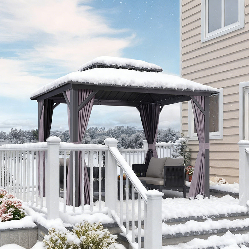 PURPLE LEAF Graues Hardtop-Pavillon mit strapazierfähigem verzinktem Stahl-Dach in Doppeldach-Ausführung mit Netz und Vorhängen