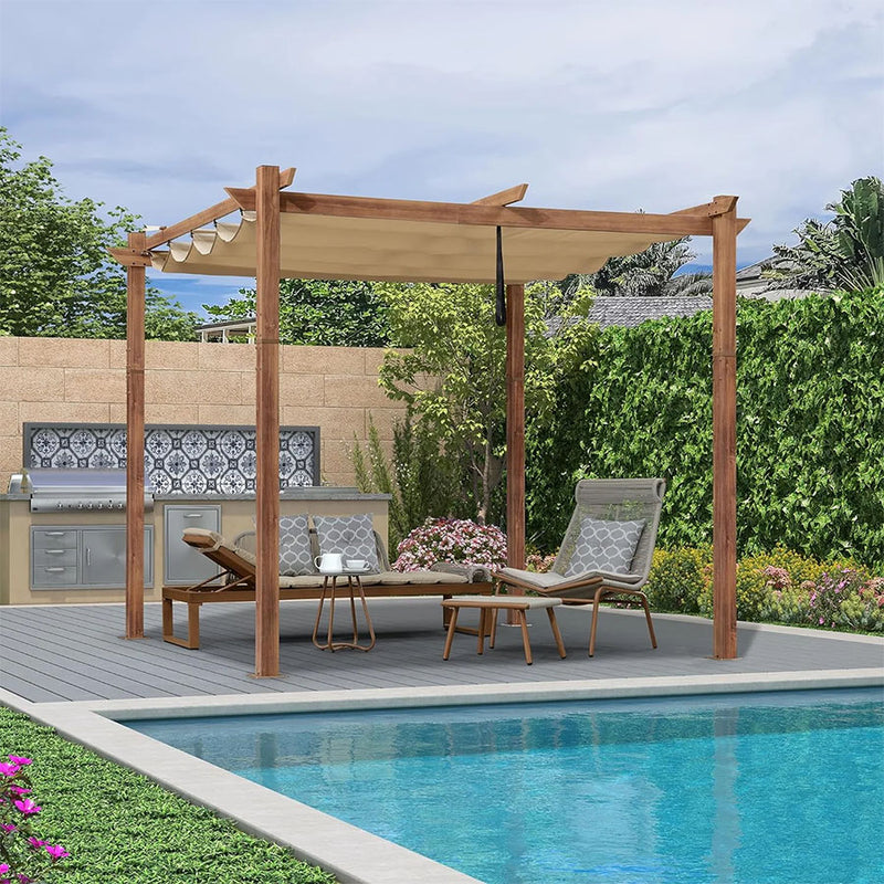 PURPLE LEAF Pergola Metall Holzoptik Garten Pavillon Aluminum Pergola Wasserdicht Sonnendach mit Schiebedach, Gartenpavillon Mit Markisenschutz