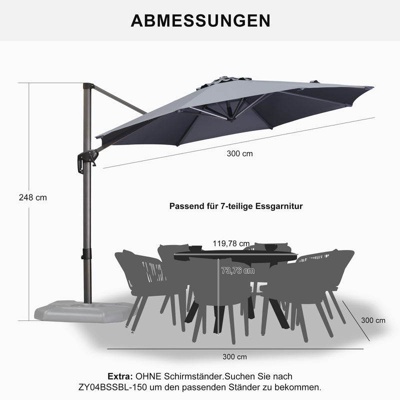 PURPLE LEAF Sonnenschirm Groß Ampelschirm mit Kurbel 360-Grad Drehbar mit Fußpedal und Kreuzsockel für Terrasse, Balkon Sonnenschutz