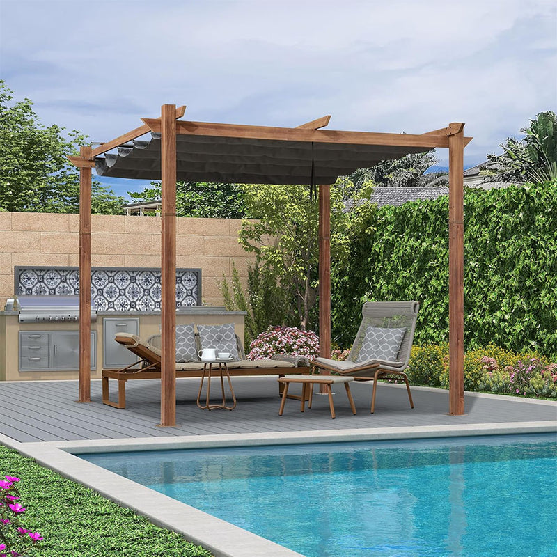 PURPLE LEAF Pergola Metall Holzoptik Garten Pavillon Aluminum Pergola Wasserdicht Sonnendach mit Schiebedach, Gartenpavillon Mit Markisenschutz