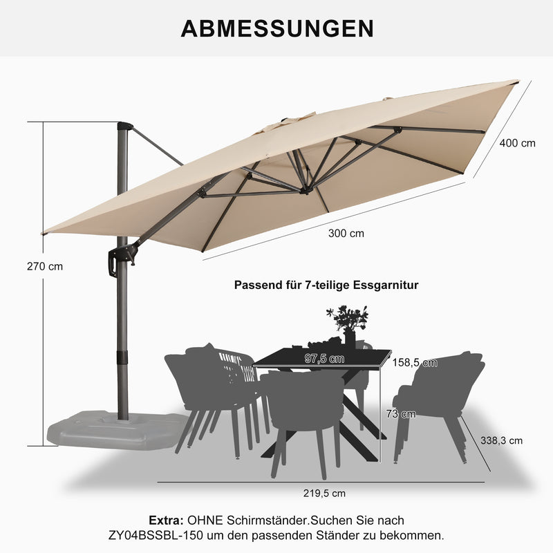 PURPLE LEAF Sonnenschirm Groß Ampelschirm mit Kurbel 360-Grad Drehbar mit Fußpedal und Kreuzsockel für Terrasse, Balkon Sonnenschutz