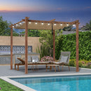 PURPLE LEAF Pergola Metall Holzoptik Garten Pavillon Aluminum Pergola Wasserdicht Sonnendach mit Schiebedach, Gartenpavillon Mit Markisenschutz milchweiße Lichterkette