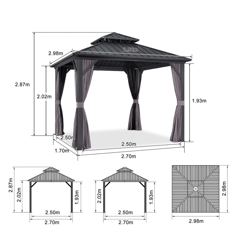 PURPLE LEAF Graues Hardtop-Pavillon mit strapazierfähigem verzinktem Stahl-Dach in Doppeldach-Ausführung mit Netz und Vorhängen