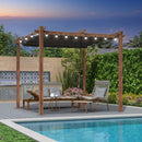PURPLE LEAF Pergola Metall Holzoptik Garten Pavillon Aluminum Pergola Wasserdicht Sonnendach mit Schiebedach, Gartenpavillon Mit Markisenschutz milchweiße Lichterkette