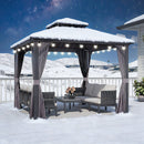 PURPLE LEAF Grauer Hardtop Pavillon mit robustem Doppeldach aus verzinktem Stahl und milchweißen Lichterketten