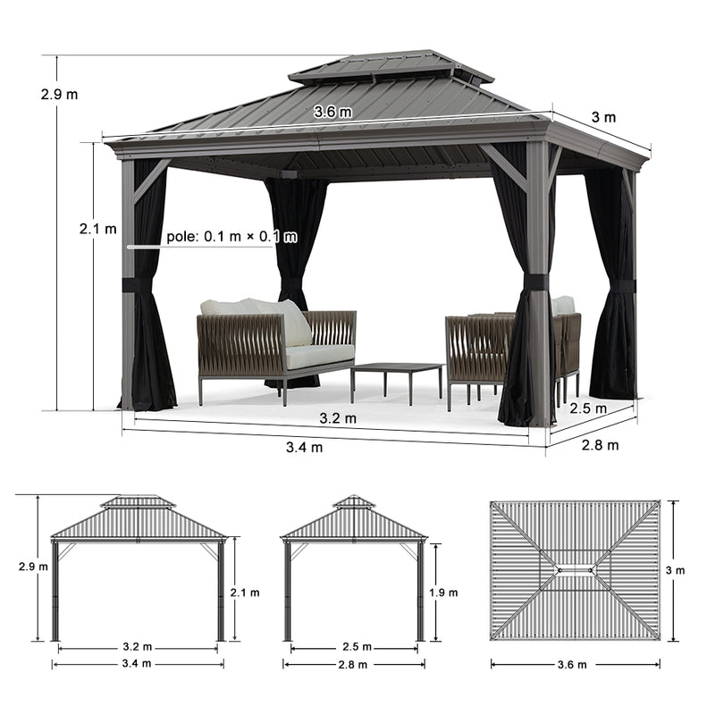 PURPLE LEAF Patio-Pavillon für den Garten | Hardtop aus verzinktem Stahl mit verbesserten Vorhängen | Hellgrau