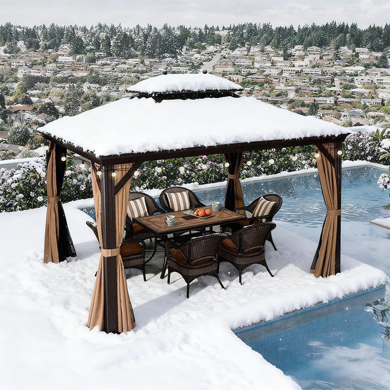 PURPLE LEAF Outdoor-Hardtop-Pavillon für den Garten, bronzefarbenes Doppel-Dach, Aluminiumrahmen, mit Lichterkette - klar