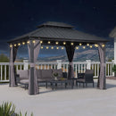 PURPLE LEAF Grauer Hardtop-Pavillon mit robustem Doppel-Dach aus verzinktem Stahl und Lichterkette - transparent