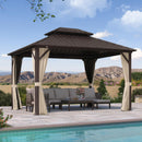 Purple Leaf Bronzer Hardtop-Gartenpavillon für Terrasse mit verzinktem Stahl-Doppeldach, Netz und Vorhängen