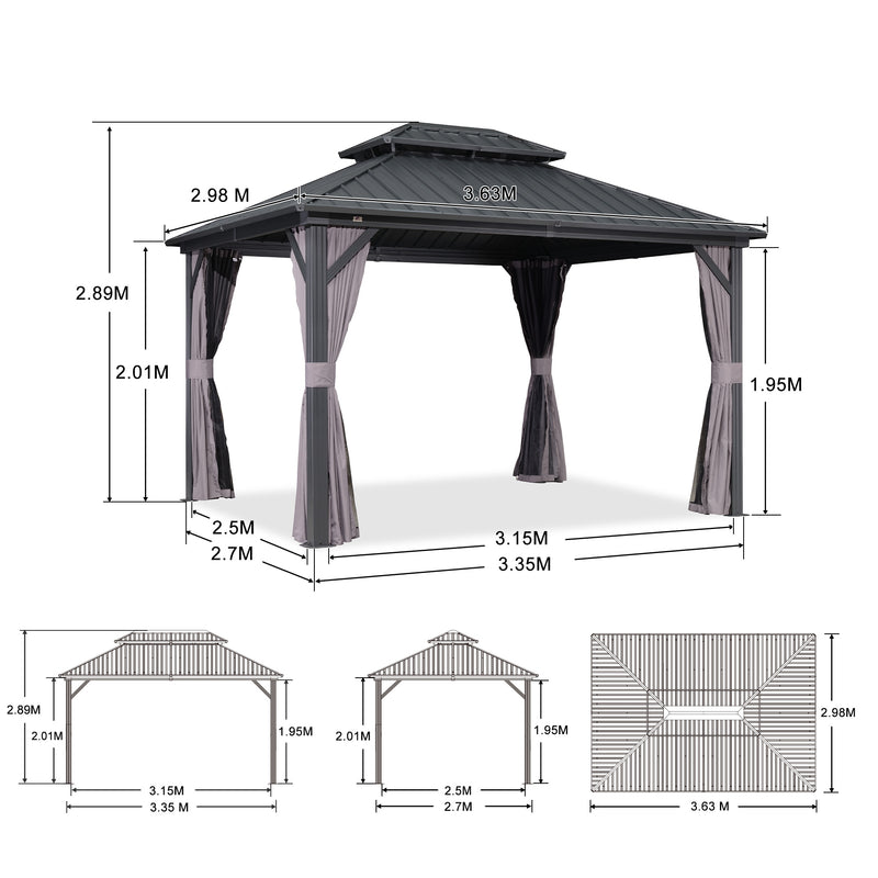 PURPLE LEAF Grauer Hardtop-Pavillon mit robustem Doppel-Dach aus verzinktem Stahl und Lichterkette - transparent