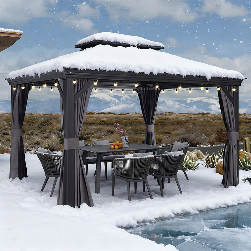 PURPLE LEAF Terrassen-Pavillon für den Garten, graues Hardtop-Dach aus verzinktem Stahl, Vordach mit Lichterkette - transparent