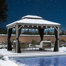 PURPLE LEAF Outdoor Hardtop Pavillon in Hellgrau mit Aluminiumrahmen und Doppel-Dach, mit milchweißer Lichterkette