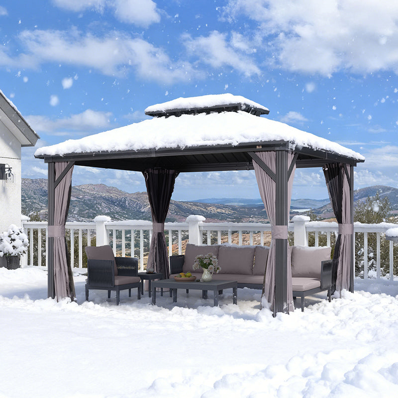 PURPLE LEAF Graues Hardtop-Pavillon mit strapazierfähigem verzinktem Stahl-Dach in Doppeldach-Ausführung mit Netz und Vorhängen