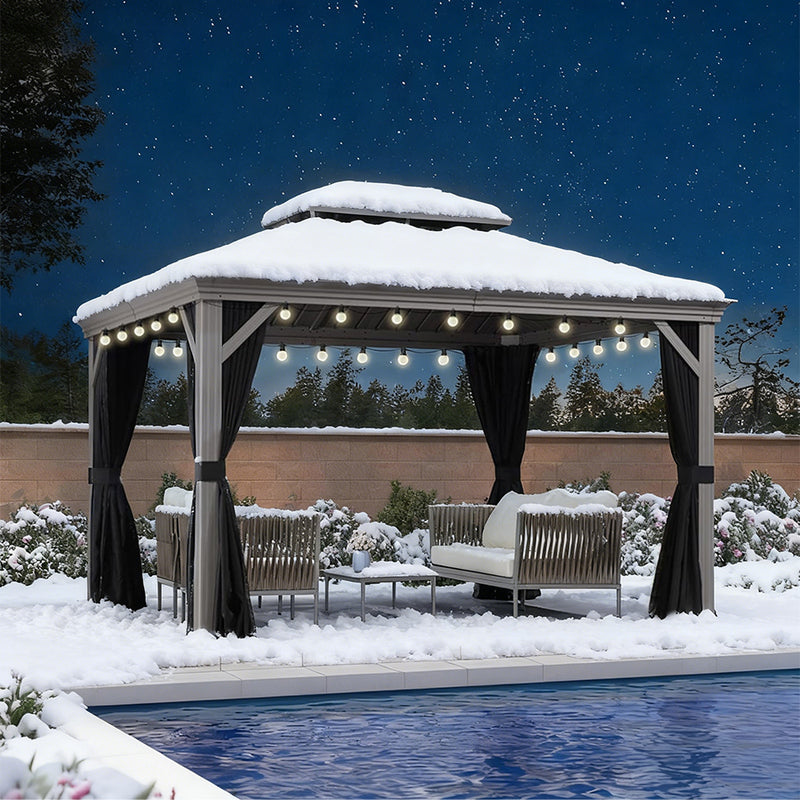 PURPLE LEAF Terrassenpavillon für den Garten | Hardtop mit verzinktem Stahlrahmen und Lichterkette  - transparent | Arktis Grau