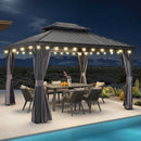 PURPLE LEAF Terrassen-Pavillon für den Garten, graues Hardtop-Dach aus verzinktem Stahl, Vordach mit Lichterkette - transparent
