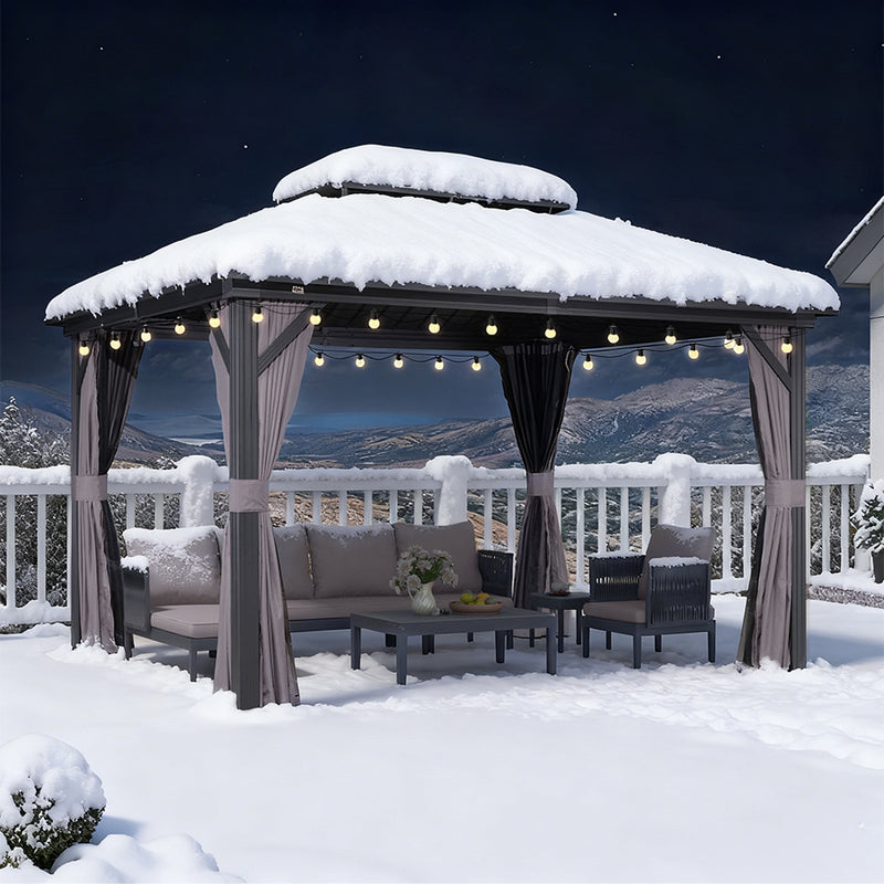 PURPLE LEAF Grauer Hardtop-Pavillon mit robustem Doppel-Dach aus verzinktem Stahl und Lichterkette - transparent