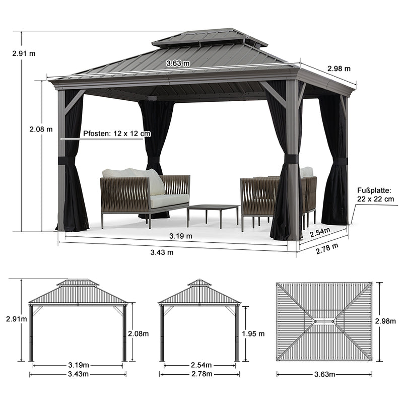 PURPLE LEAF Terrassenpavillon für den Garten | Hardtop mit verzinktem Stahlrahmen und Lichterkette  - transparent | Arktis Grau
