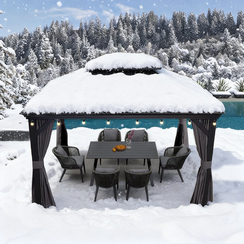 PURPLE LEAF Terrassen-Pavillon für den Garten, graues Hardtop-Dach aus verzinktem Stahl, Vordach mit Lichterkette - transparent