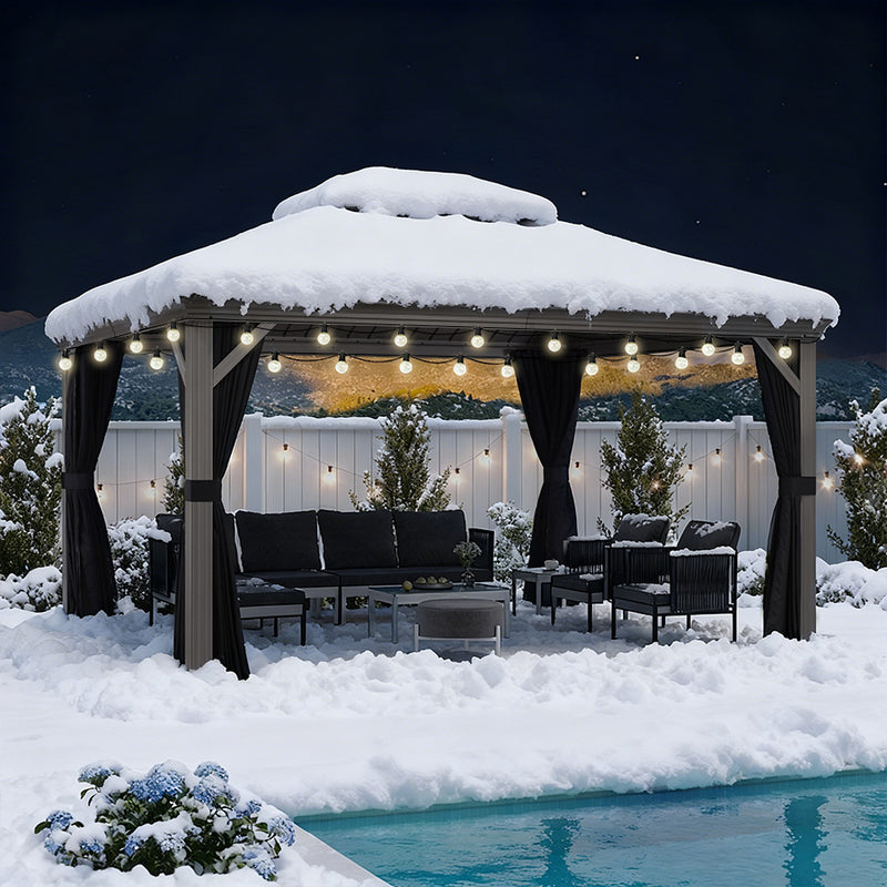 PURPLE LEAF Terrassenpavillon für den Garten | Hardtop mit verzinktem Stahlrahmen und Lichterkette  - transparent | Arktis Grau