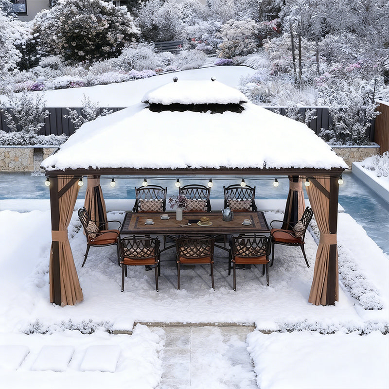 PURPLE LEAF Outdoor-Hardtop-Pavillon für den Garten, bronzefarbenes Doppel-Dach, Aluminiumrahmen, mit Lichterkette - klar