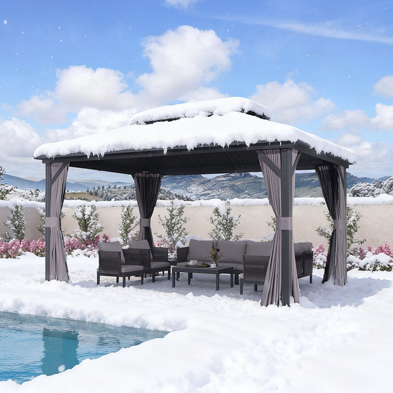 PURPLE LEAF Graues Hardtop-Pavillon mit strapazierfähigem verzinktem Stahl-Dach in Doppeldach-Ausführung mit Netz und Vorhängen