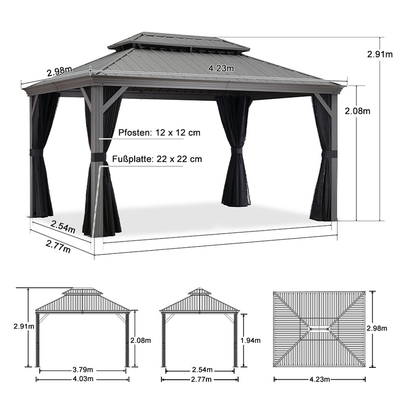 PURPLE LEAF Terrassenpavillon für den Garten | Hardtop mit verzinktem Stahlrahmen und Lichterkette  - transparent | Arktis Grau