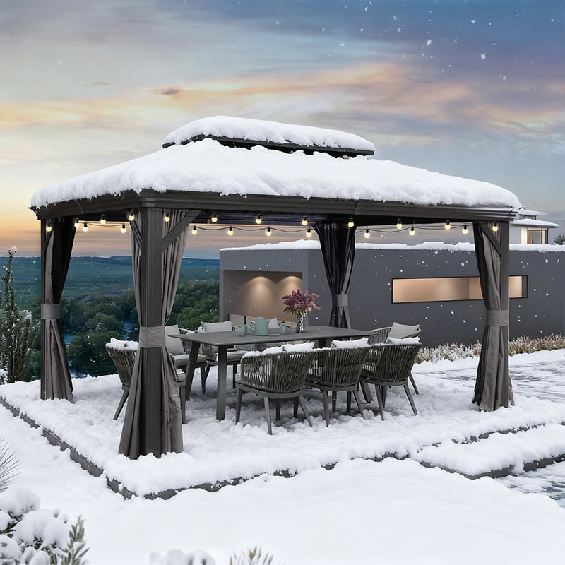 PURPLE LEAF Terrassen-Pavillon für den Garten, graues Hardtop-Dach aus verzinktem Stahl, Vordach mit Lichterkette - transparent