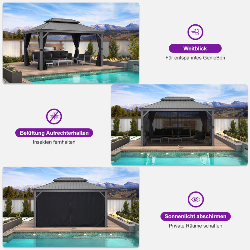 PURPLE LEAF Terrassenpavillon für den Garten | Hardtop mit verzinktem Stahlrahmen und Lichterkette  - transparent | Arktis Grau