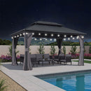 PURPLE LEAF Grauer Hardtop Pavillon mit robustem Doppeldach aus verzinktem Stahl und milchweißen Lichterketten