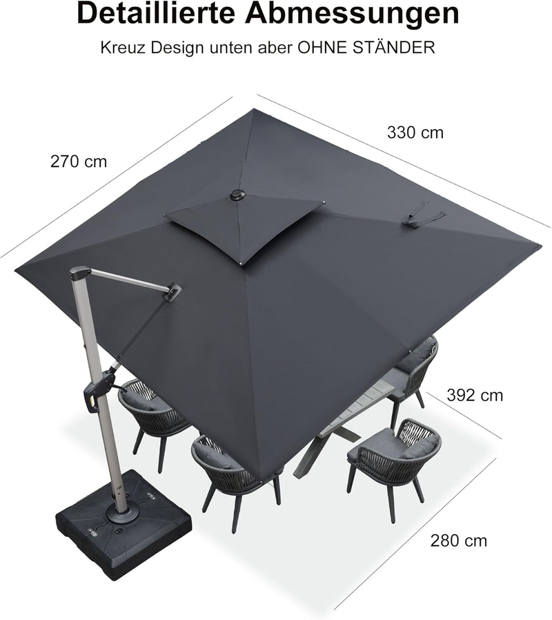 PURPLE LEAF Sonnenschirm Rechteckig Groß Stabil Marktschirm Groß 360°Rotation, Gartenschirm mit Kurbel