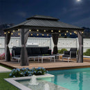 PURPLE LEAF Terrassen-Pavillon für den Garten, graues Hardtop-Dach aus verzinktem Stahl, Vordach mit Lichterkette - transparent