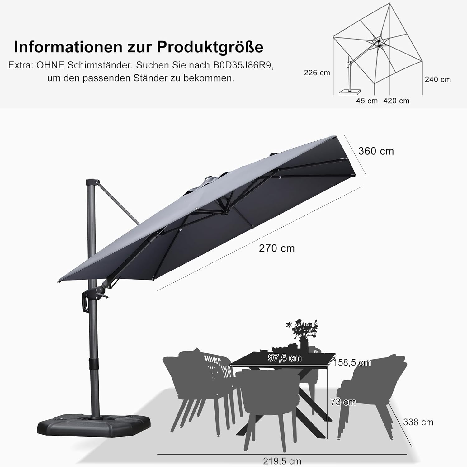 PURPLE LEAF Wirtschaftlicher Terrassen-Sonnenschirm mit drehbarem Rechteck und quadratischem Outdoor-Sonnenschirm