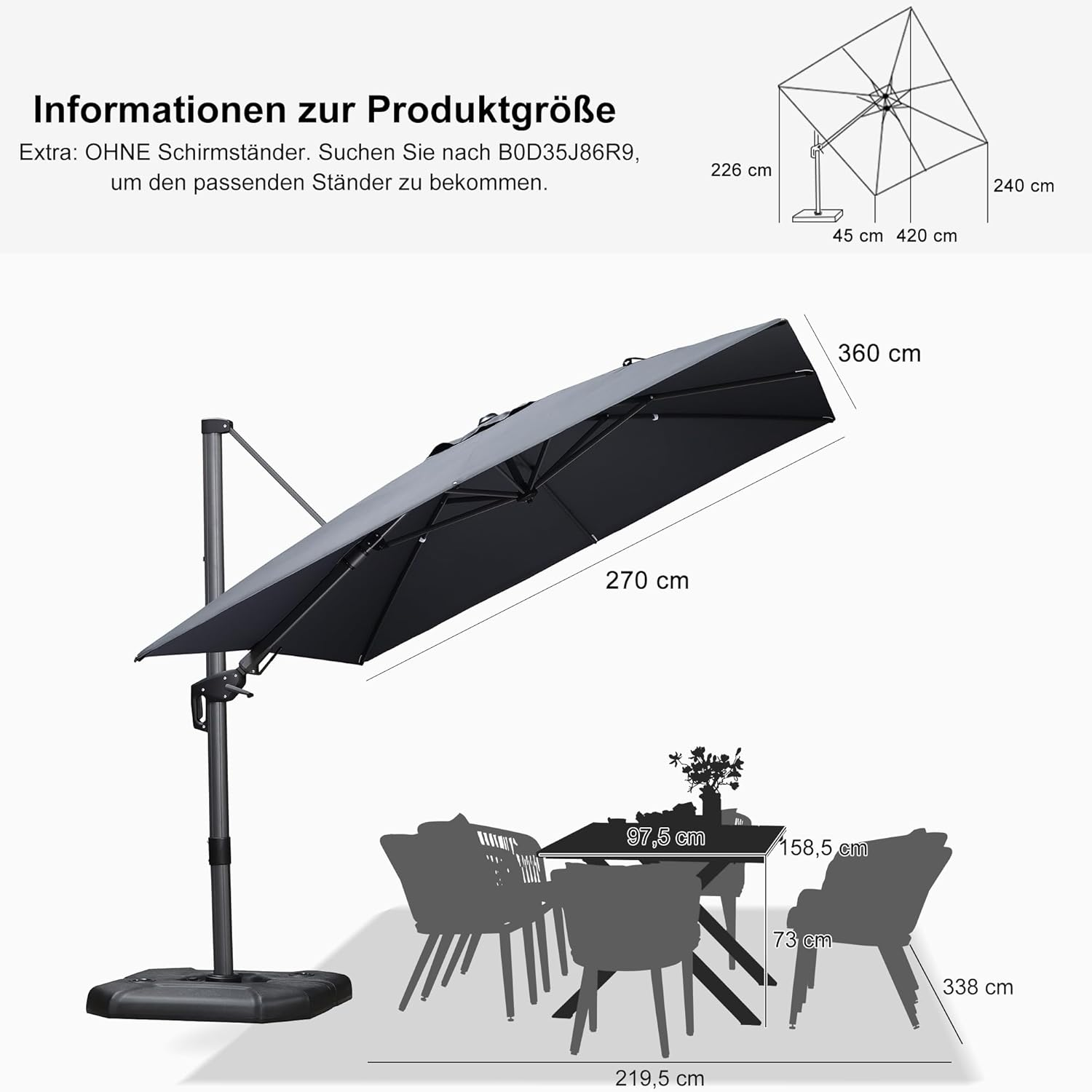 PURPLE LEAF Wirtschaftlicher Terrassen-Sonnenschirm mit drehbarem Rechteck und quadratischem Outdoor-Sonnenschirm