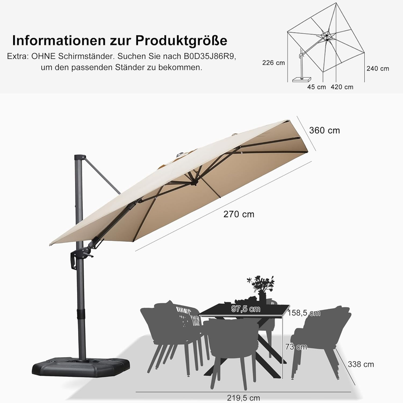 PURPLE LEAF Wirtschaftlicher Terrassen-Sonnenschirm mit drehbarem Rechteck und quadratischem Outdoor-Sonnenschirm