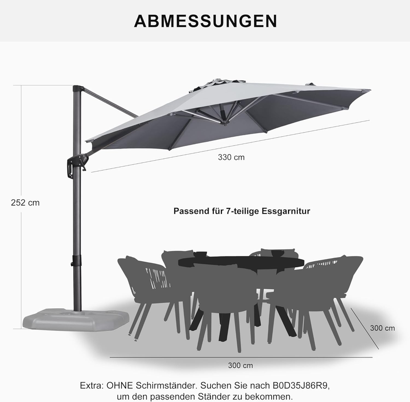 PURPLE LEAF Sonnenschirm groß Ampelschirm Rund 360-Grad drehbar mit Fußpedal und Kreuzsockel für Terrasse, Balkon Sonnenschutz