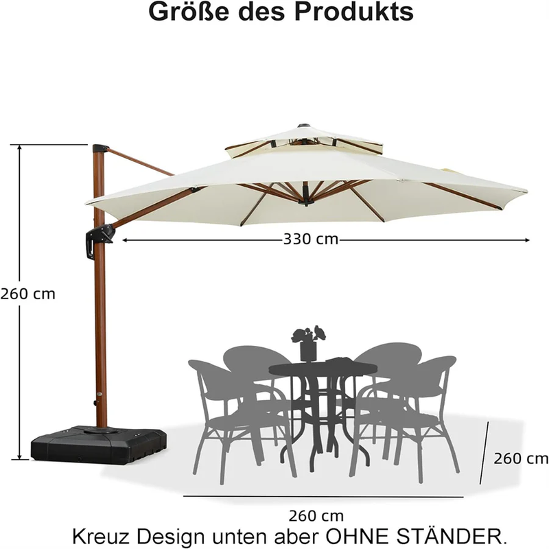 PURPLE LEAF Runder Sonnenschirm aus Aluminium in Holzfarbe mit Schirmständer