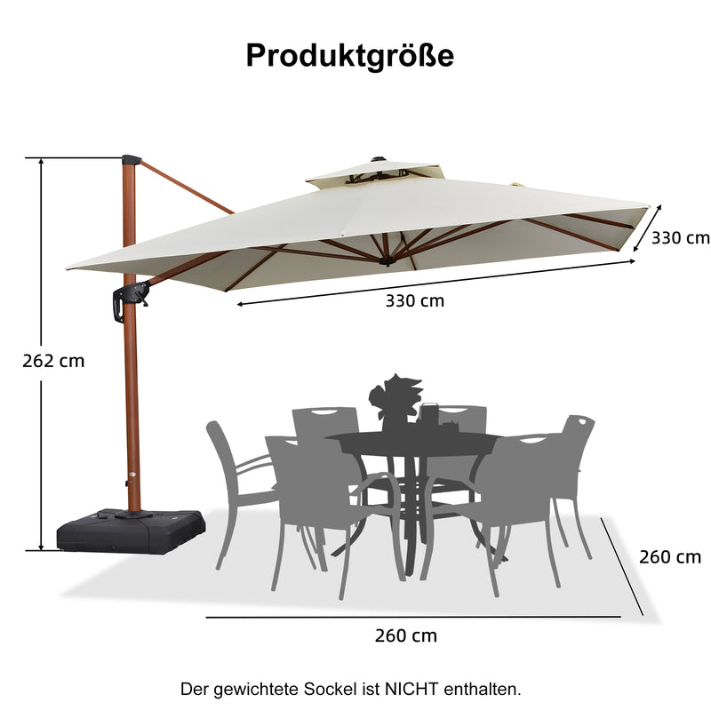 PURPLE LEAF Garten Sonnenschirm, quadratischer Alu Holzoptik Ampelschirm Überhang mit Kurbelgriff und Neigung für Balkon