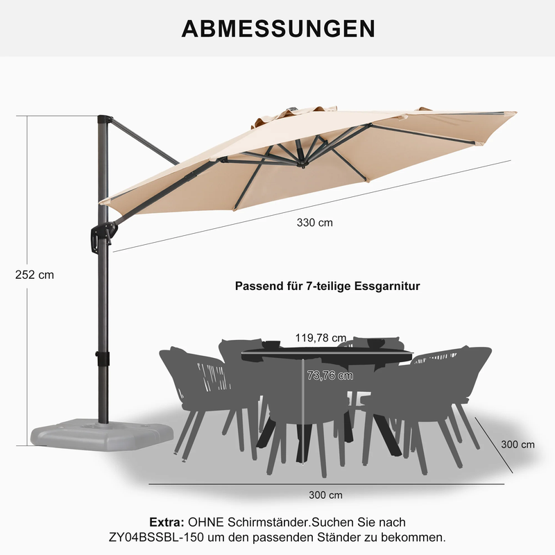 PURPLE LEAF Sonnenschirm groß Ampelschirm Rund 360-Grad drehbar mit Fußpedal und Kreuzsockel für Terrasse, Balkon Sonnenschutz