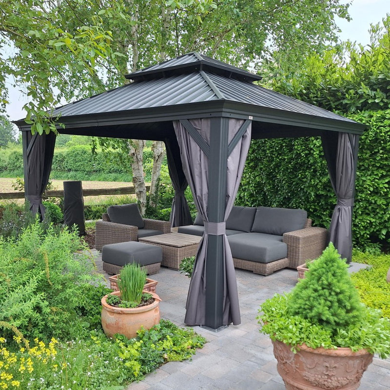 PURPLE LEAF Grau Alu Pavillon Wasserdicht Stabil Winterfest Wetterfest Gartenpavillon mit 4 Doppel Seitenteile Hardtop Pavillon mit Stahldach