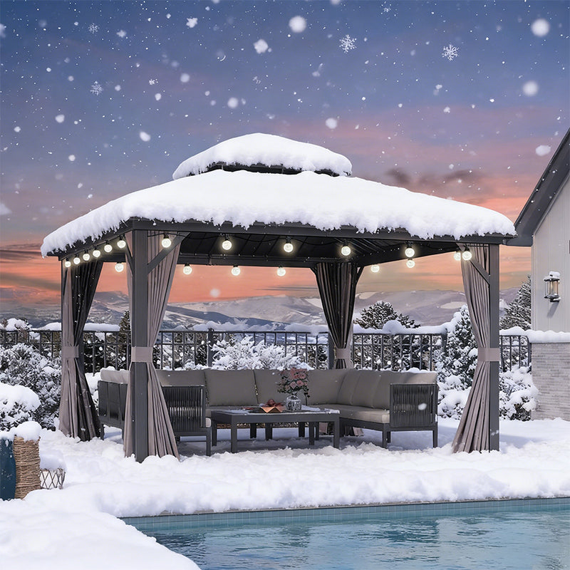 PURPLE LEAF Grauer Hardtop-Pavillon mit robustem Doppel-Dach aus verzinktem Stahl und Lichterkette - transparent