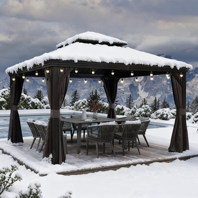 PURPLE LEAF Terrassen-Pavillon für den Garten, graues Hardtop-Dach aus verzinktem Stahl, Vordach mit Lichterkette - transparent