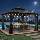 PURPLE LEAF Terrassen-Pavillon für den Garten, graues Hardtop-Dach aus verzinktem Stahl, Vordach mit Lichterkette - transparent